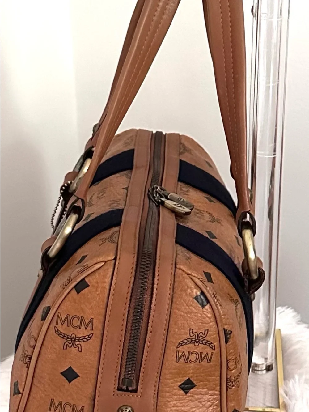 MCM Cognac Visetos Logo Boston Satchel with Black Trim & Charm